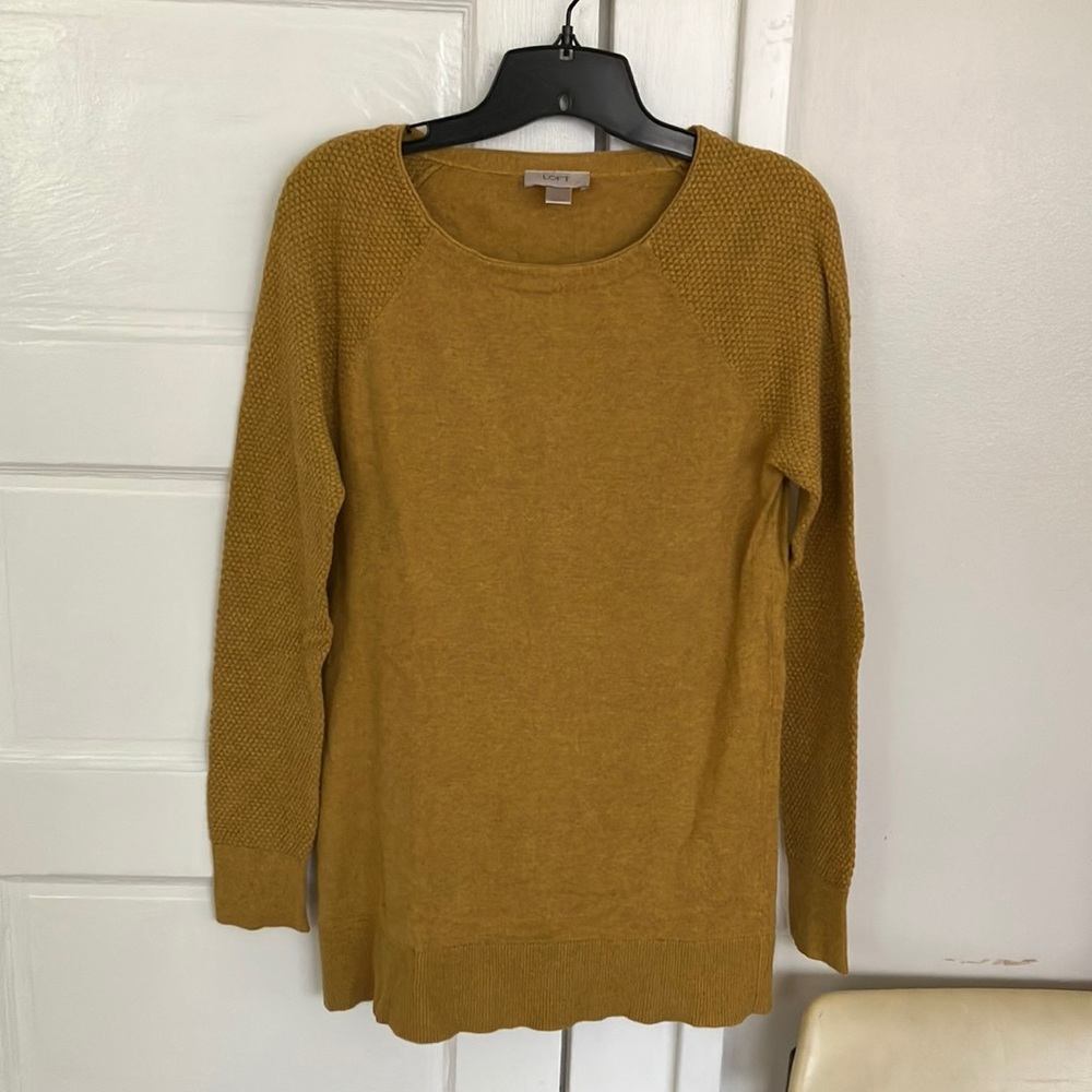 Loft mustard cotton blend sweater waffle knit sleeves